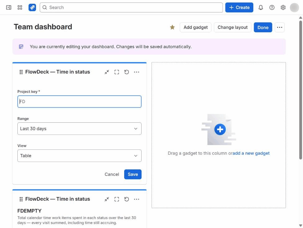 Setting up the FlowDeck time-in-status gadget on a Jira dashboard: entering a project key, saving, and the table that appears.